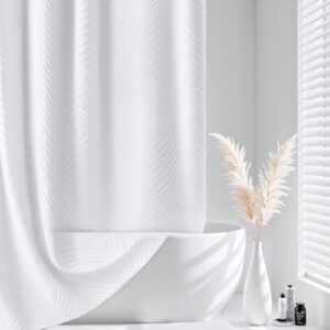 Duschvorhang mit blumigem Muster, weiser Stoff und 12 Edelstahlhaken für Badewanne und Dusche in Weiß