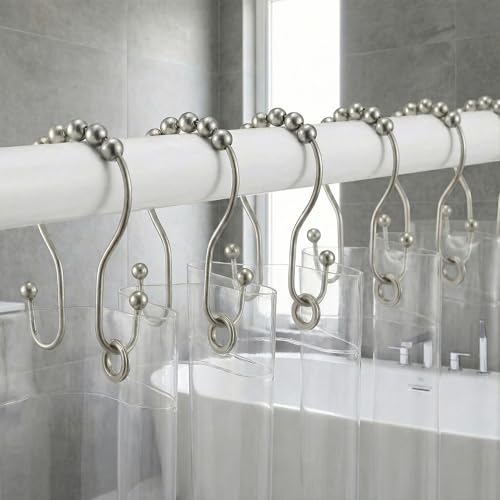 Duschvorhanghakenringe, rostbeständig, doppelgleitend, mit glatten Rollkugeln und Anti-Tropf-Design für Badezimmer-Duschstangen, mattes Nickel, 12 Stück