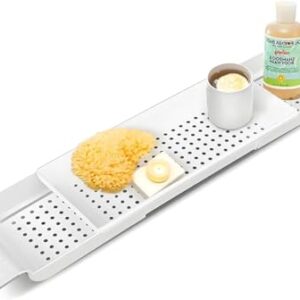 Einziehbares Badewannenbrett 55-78,5 cm aus Kunststoff - Modernes Badezimmer-Tablett Weiß/Schwarz für Seifen Handtücher & Zubehör