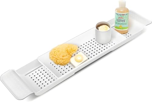 Einziehbares Badewannenbrett 55-78,5 cm aus Kunststoff - Modernes Badezimmer-Tablett Weiß/Schwarz für Seifen Handtücher & Zubehör