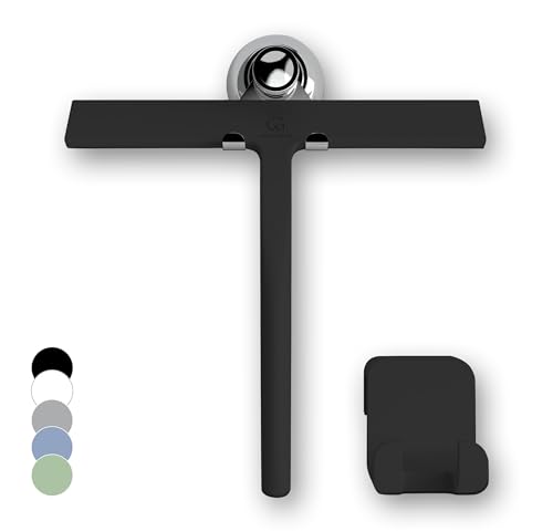 GÜTEWERK Duschabzieher Set mit Halter - schwarz 23 cm breit - ohne Bohren Silikon Abzieher Dusche Badezimmer Fenster Fensterabzieher Edelstahl Kern Scheibenabzieher mit Saugnapf Halterung Badabzieher