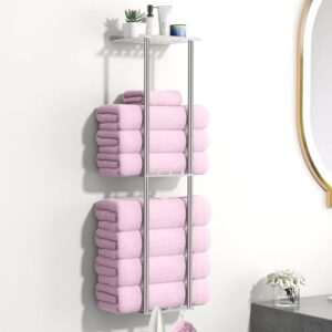 KLJKPA 3-stöckiger Handtuchhalter mit Metallablage und 6 Haken für Badezimmer - Wandmontage, Handtuch Organizer in silberner Farbe