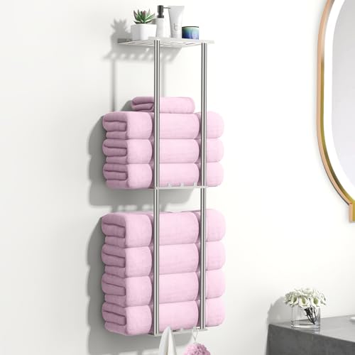 KLJKPA 3-stöckiger Handtuchhalter mit Metallablage und 6 Haken für Badezimmer - Wandmontage, Handtuch Organizer in silberner Farbe