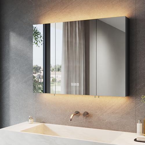 Spiegelschrank für das Badezimmer mit Beleuchtung und Steckdose - 3-Türiger LED-Spiegelschrank mit Touch-Schalter, 3 Einstellbare Lichtfarben, Beschlagfrei, Badezimmer-Medizinschrank, 90x65 cm, Mattschwarz
