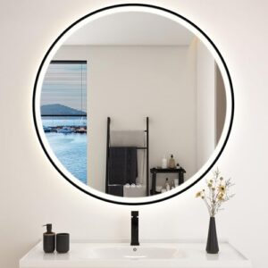 Badspiegel-Rund mit Beleuchtung, LED-Spiegel-Rund mit Bluetooth, Dimmbar, 3 Lichtfarben, Entfogging, Memory of Light, IP44 HD Hartglas Schwarz Badezimmerspiegel
