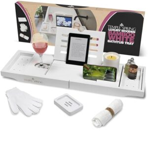 Luxuriöse Badewannenablage aus Bambus für das Badezimmer, Holz-Badewannentisch oder -tablett zum Zubehör für eine stylische Deko und ein luxuriöseres Badeerlebnis mit Seifenschale, Gesichtstuch und Peeling-Handschuhen