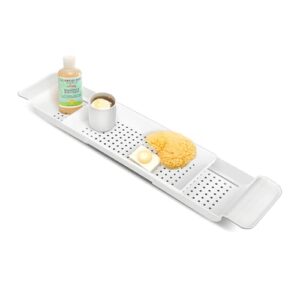 Verstellbares Badewannen-Tablett, Teleskop Badewannenablage mit Ablauföffnungen für Wein, Bücher, Tablets und Handy