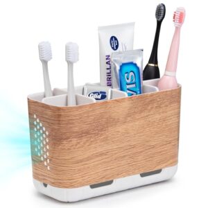 Multifunktionaler Zahnbürstenhalter für elektrische Zahnbürsten mit verstellbaren Trennwänden und Holzmaserung-Farbgebung, ideal für eine sichere und organisierte Aufbewahrung von Zahnbürsten und anderen Badartikeln.