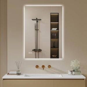 Luxuriöser Badspiegel mit LED-Beleuchtung und Touch-Schalter, 3 Lichtfarben, dimmbar, energiesparend