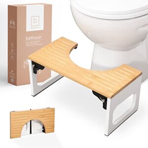 Toilettenhocker für Erwachsene aus Holz mit Bambusoptik, klappbar und stabil. Ideal für den täglichen Gebrauch im Badezimmer.