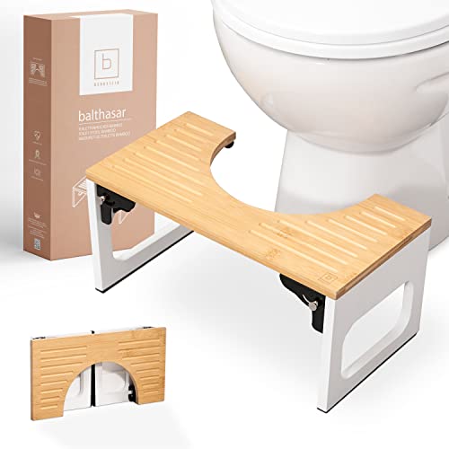 Toilettenhocker für Erwachsene aus Holz mit Bambusoptik, klappbar und stabil. Ideal für den täglichen Gebrauch im Badezimmer.