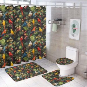 Badezimmer-Set mit Duschvorhang und Teppichen, modernes Design, hawaiianische Papageien-Drucke im Badezimmer, saugfähige Badmatten, WC-Deckelbezug und Duschvorhang für ein komfortables Badezimmererlebnis