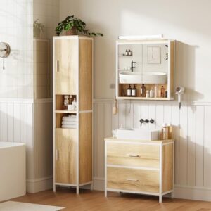 Badezimmermöbel-Set mit Waschbeckenunterschrank, Spiegelschrank mit Beleuchtung und Hochschrank, made of hochwertigem E1-MDF-Holz, robuste Verpackung und einfache Montage, ideal für ein modernes Badezimmer