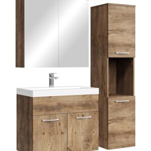 Badezimmermöbel mit Waschbecken, Spiegelschrank und Badezimmerschrank in Braun Eiche
