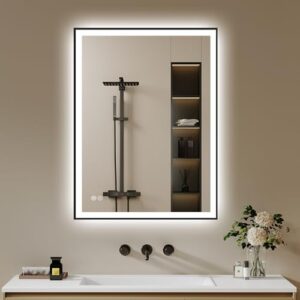 Badezimmerspiegel mit LED-Beleuchtung, 50x70 cm, Beschlagfrei und Dimmbar, schwarz, Metallrahmen