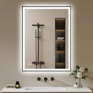 Badezimmerspiegel mit integrierter LED-Beleuchtung und Touch-Bedienung, beschlagfrei, dimmbar, 3 Lichtfarben, Metallrahmen, Horizontale/Vertikale Ausrichtung