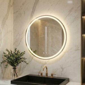 Runder Badspiegel mit Beleuchtung, LED Spiegel mit 3 Lichtfarben und dimmbarer Beleuchtung, Touch-Schalter und Beschlagfrei, gehärtetes Glas, Badezimmerspiegel mit Licht