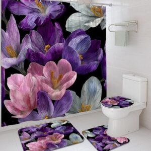 Crocus Duschvorhang-Sets, Blumenmuster, elegant, Frühlingsviolett, waschbar, mit Haken, Badezimmer-Set mit bedruckten Stoffvorhängen und Teppichen, dekorativ für Toilette, Badewanne