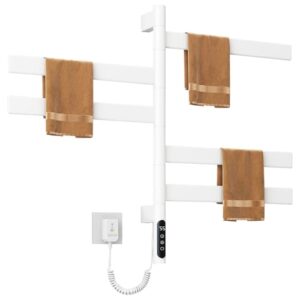 Elektrischer Handtuchhalter-Heizkörper mit 180° Drehung und Timer, Thermostat von 30-70°C für das Bad, weißer Farbton, 120 Watt