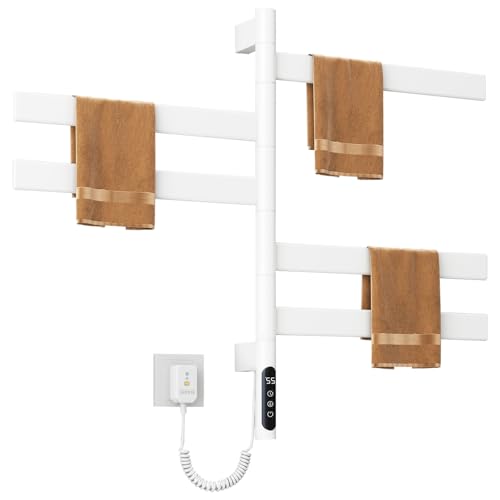 Elektrischer Handtuchhalter-Heizkörper mit 180° Drehung und Timer, Thermostat von 30-70°C für das Bad, weißer Farbton, 120 Watt