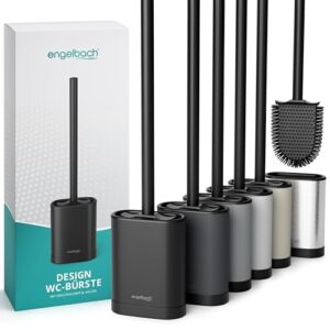 Antibakterielle Toilettenbürste mit Silikon-Griff und Edelstahl-Halter, Wandmontage ohne Bohren, WC-Bürste inkl. Ersatzbürstenkopf, schwarz