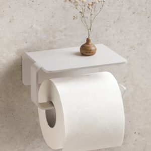 Toilettenpapierhalter ohne Bohren, Klopapierhalter mit Ablage zum Kleben, Klorollenhalter Bad, WC-Papier-Halterung aus Metall, Weiß