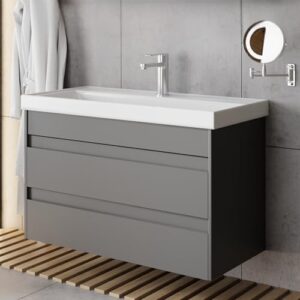 Modernes Badezimmer mit minimalistischem Waschtisch und Unterschrank in Anthrazit, Keramikwaschbecken und Badmöbeln