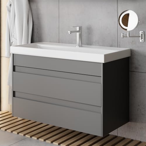 Modernes Badezimmer mit minimalistischem Waschtisch und Unterschrank in Anthrazit, Keramikwaschbecken und Badmöbeln