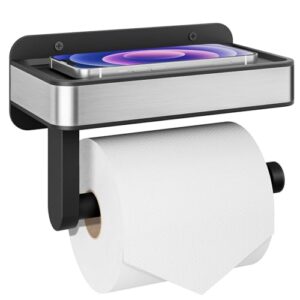 Toilettenpapierhalter ohne Bohren, ideal für extra große Toilettenpapierrollen, mit Ablage für Handy und Feuchttücher, Schwarz, 18,1 cm