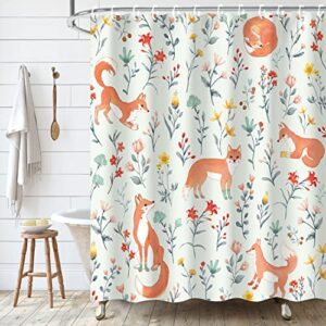 Einzigartiger Fuchs Duschvorhang aus Premium-Polyester mit 12 C-förmigen Haken für jedes Badezimmer - kinderfreundliches Deko Set mit floralen Motiven und Füchsen in Socken, 182,9 cm