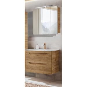 Lomadox Badmöbel Waschplatz Set mit 81 cm breitem Waschtisch und LED-Spiegelschrank aus Wotan Eiche Naturbeton - Ideal für Badezimmer mit bequemer Softclose-Bedienung und beleuchtetem Spiegel