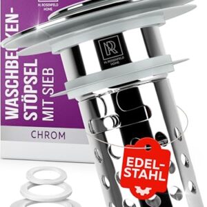 3-in-1 Waschbeckenstöpsel mit Sieb Pop-Up Abflussstopfen in Edelstahl und Messingkern, Chromfarben für 30–60mm Beckenloch