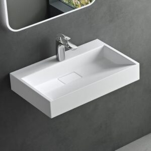 Mai & Mai Waschbecken, weiß matt, Aufsatzwaschbecken, Hängewaschbecken mit Ablaufgarnitur, Mineralguss, Rechteckig, 60cm breit