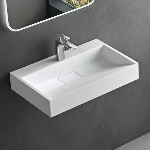 Mai & Mai Waschbecken, weiß matt, Aufsatzwaschbecken, Hängewaschbecken mit Ablaufgarnitur, Mineralguss, Rechteckig, 60cm breit