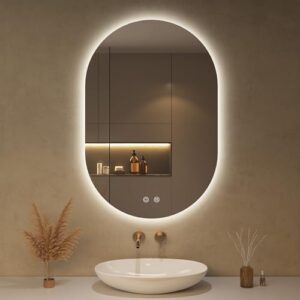 Badezimmerspiegel mit Beleuchtung, Oval LED Spiegel, modernes Badspiel für Badezimmer, Touch-Schalter und Dimmer, 3 Lichtfarben, bruchsicher