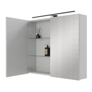 Weißer Spiegelschrank mit Beleuchtung und Steckdose, hängend für Badezimmer oder Gäste WC, 80 x 70 x 16 cm groß
