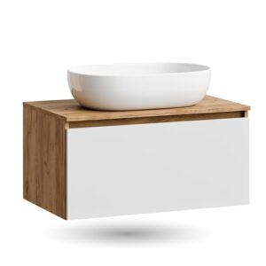 Moderner Waschtisch mit Unterschrank und Aufsatzwaschbecken in weißen Ausführungen, inklusive Raumsparsiphon