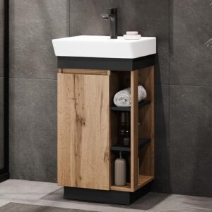 Modernes Badmöbel Set mit Waschtisch und Unterschrank aus Eiche/Anthrazit, inklusive Bad-Armatur schwarz