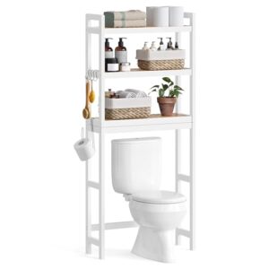 Toilettenregal mit 3 Ebenen, Badezimmerregal, Waschmaschinenregal aus Bambus, verstellbare Ablage für die meisten Toiletten, platzsparend und wolkenweiß-naturbeige