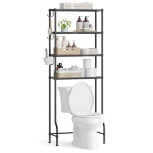 4-stöckiges Toilettenregal, Badezimmerregal, Waschmaschinenregal mit verstellbaren Ablagen, Haken und Toilettenpapierhalter, platzsparend, schwarz