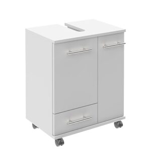 Praktischer Waschbeckenunterschrank von Schildmeyer in weiß mit vier Rollen, zwei Schubladen und einer Tür für ein umfassendes Badezimmer-Equipment.