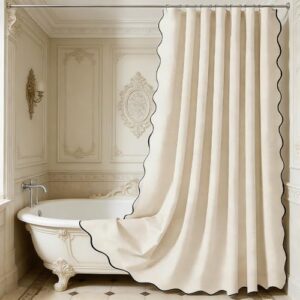 Duschvorhang mit Scalloped-Design, beige, Antischimmel, Badevorhang, wasserdicht, Faux-Leinen, Struktur, Dickes Stoffdesign für Bad und Dusche