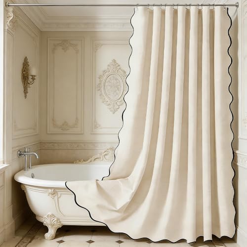 Duschvorhang mit Scalloped-Design, beige, Antischimmel, Badevorhang, wasserdicht, Faux-Leinen, Struktur, Dickes Stoffdesign für Bad und Dusche
