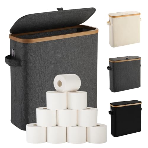 Bambus-Toilettenpapier-Aufbewahrungskorb mit Deckel, grauer Toilettenpapier-Stehdose, Ersatzrollenhalter für Badezimmer, Bad WC-Papier Organizer