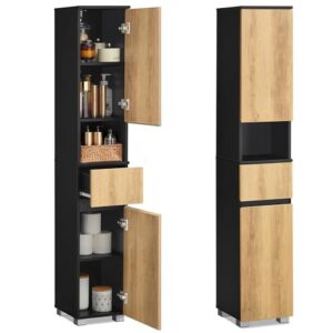 Vollausgestatteter Badezimmerschrank mit Einer Schublade, verstellbaren Ablagen und offener Fachfläche für ein perfekt organisiertes Bad, Design: tintenschwarz-naturbraun, Abmessungen: 30 x 30 x 170,2 cm