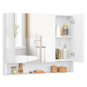 Badezimmer Schrank mit 3 Türen, Spiegelschrank, Badschrank mit offenen Fach und verstellbaren Ablagen, weiß