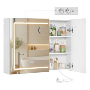 Spiegelschrank mit Beleuchtung aus der VASAGLE Kailyn Kollektion für Badezimmer oder Wannenbad, weißer Lack, moderner und minimalistischer Design
