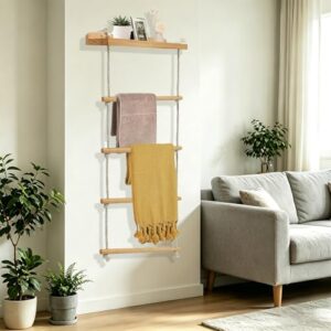 YTACREA 5-Schicht Handtuchhalter Wand Montage: Ein praktischer und stylischer Handtuchständer aus hochwertigem Massivholz, ideal für Badezimmer, Wohnzimmer oder Garten. Robuster Aufhängeapparat mit umweltfreundlichem Hanfseil, das bis zu 7,2 kg tragen kann. Einfache Wandmontage mit der enthaltenen Montageanleitung.