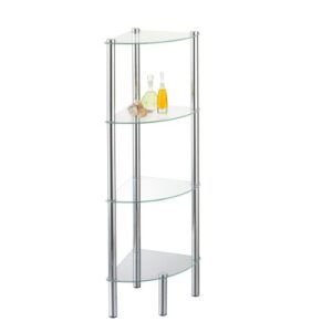 Eckregal Solanio mit vier Böden, Glasregal für Bad-Accessoires, modernes Badmöbel für die Ecke, Standregal mit Wandbefestigung, Silberfassung