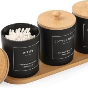Badezimmer Organizer Set für Wattepads, Zahnseide Sticks und Haargummis mit Glas Behältern und Bambustablett